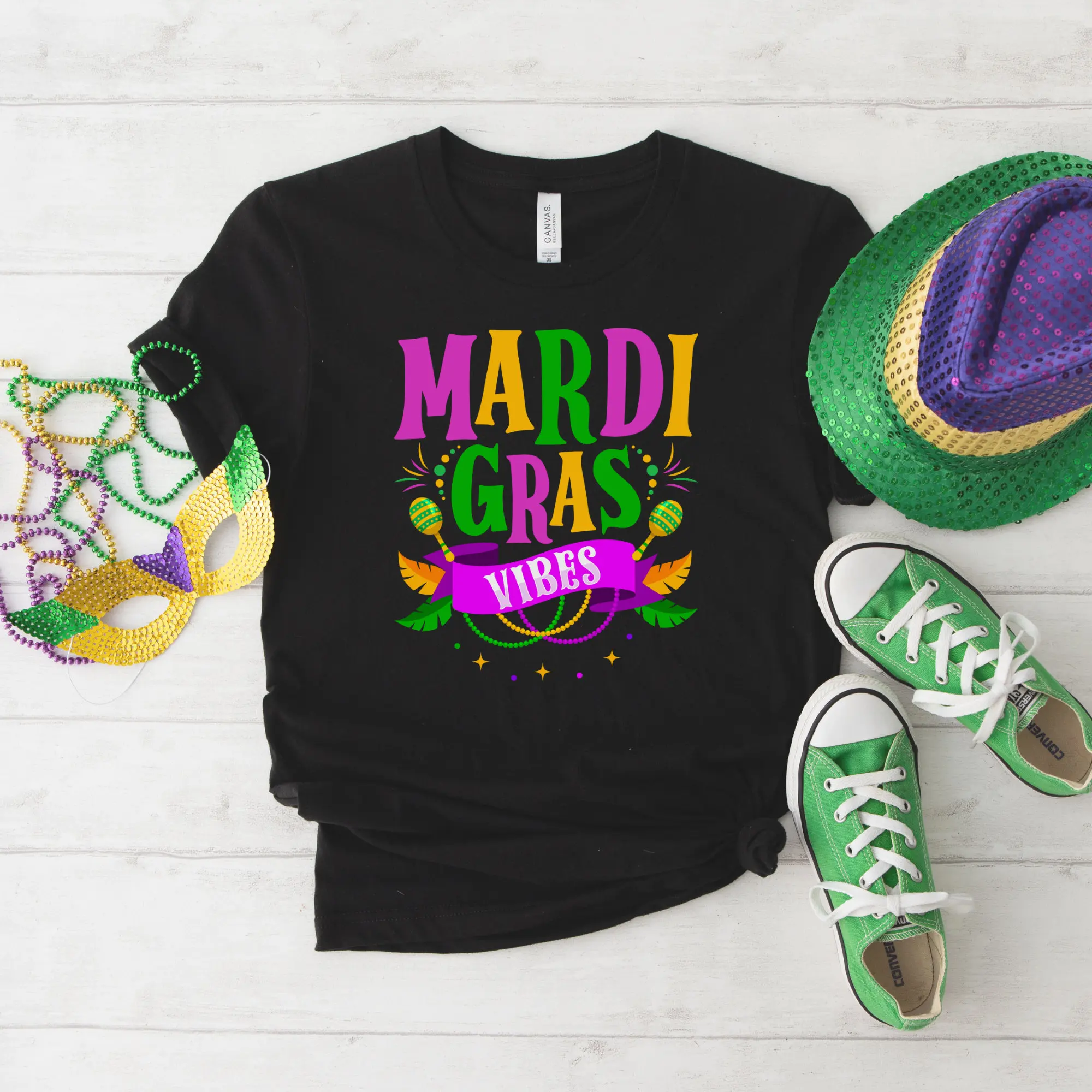 Mardi Gras Vibes T Shirt Celebration Party Carnival Wear Fun Street Parade Creole Mask