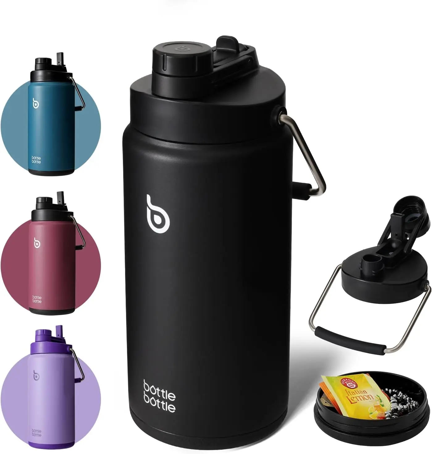 

Insulated Water Bottle 64 oz with Straw, Vacuum Stainless Steel, Dual Lid, Handle - Dark Black