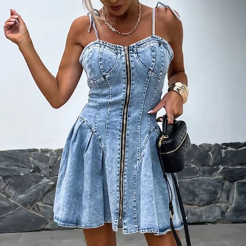 New Summer Suspender Denim Dress Women's Casual Off Shoulder Tight Mini Dress Fashion High Street Zipper Pleated Short Dresses