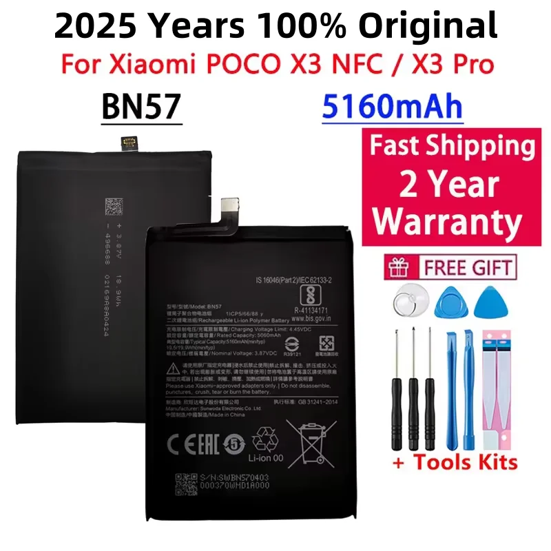 

2025 High Quality Original BN57 5160mAh Phone Battery For Xiaomi Pocophone X3 Poco X3 Pro Replacement Batteries Fast Shipping