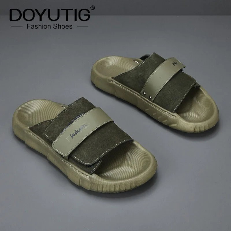 

DOYUTIG Men's Genuine Leather Slide Sandals Dark Green Casual Summer Fashion Outdoor Soft Versatile Comfortable Sandals SGB001