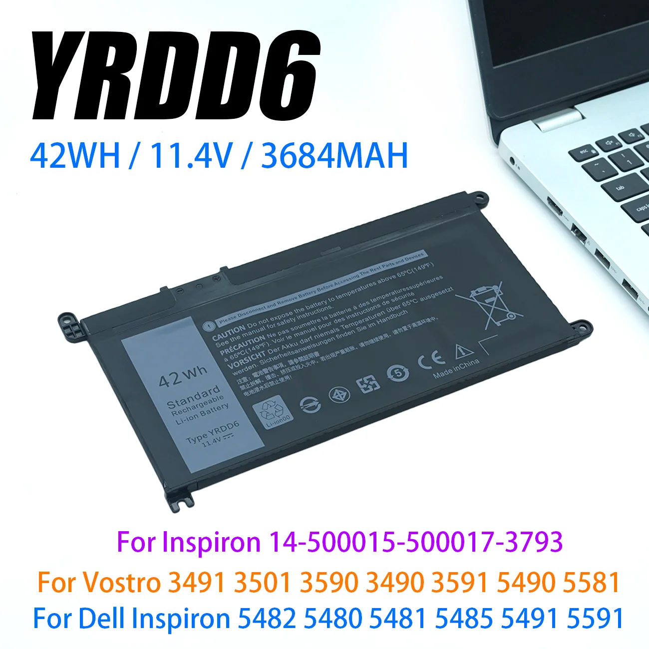 YRDD6 42Wh Laptop Battery For Dell Vostro 3491 3591 3490 3590 3501 Inspiron 5481 5482 5485 5491 5591 5485 5585 5480