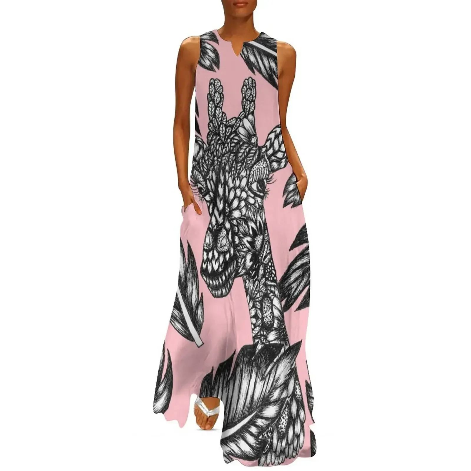 

Cute black white floral giraffe pink illustration Long Dress women party dresses long dress women Summer skirt Dress