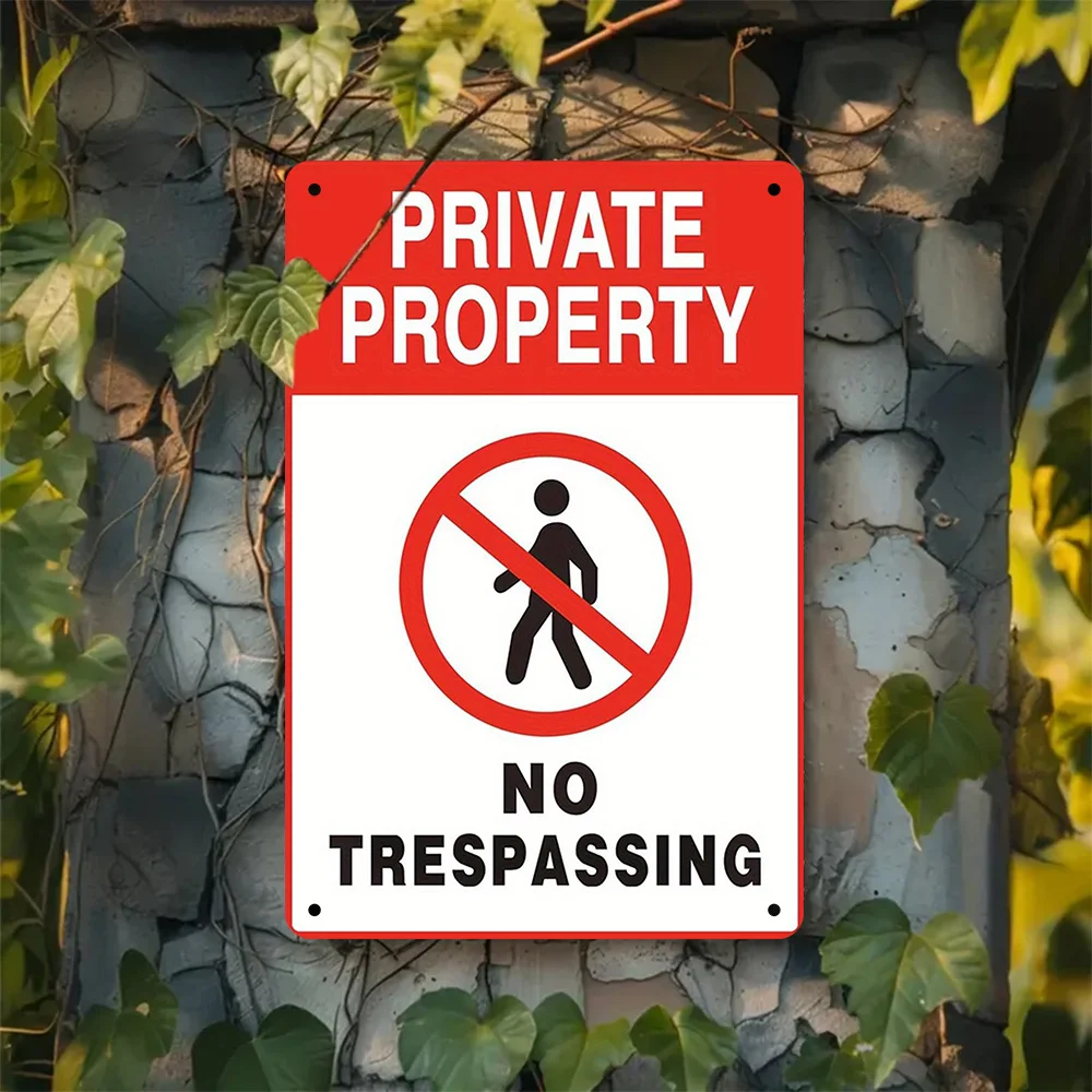 Vintage Private Property No Trespassing Metal Sign - Heavy-Duty Red & White Warning Decoration with Prohibition Symbol