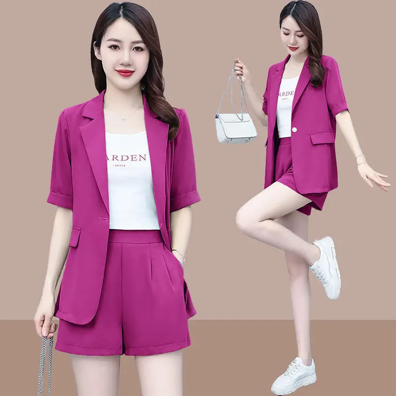 2024 Summer New Korean Casual Short Sleeved Blazrs Jacket Matching Set Women\'s Fashion Professional Suit Coat Shorts Two-piece