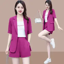 2024 Summer New Korean Casual Short Sleeved Blazrs Jacket Matching Set Women's Fashion Professional Suit Coat Shorts Two-piece