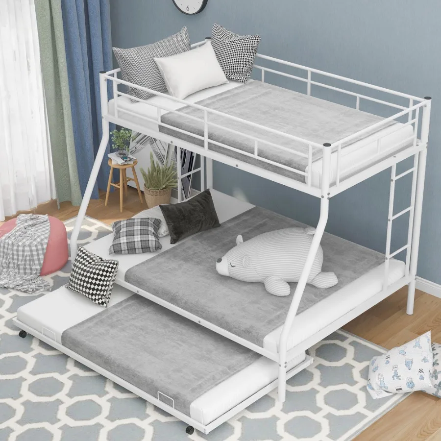 Twin over Full Bed with Sturdy Steel Frame Bunk Bed with Twin Size Trundle Two-Side Ladders White OLD SKU:MF194424AAK