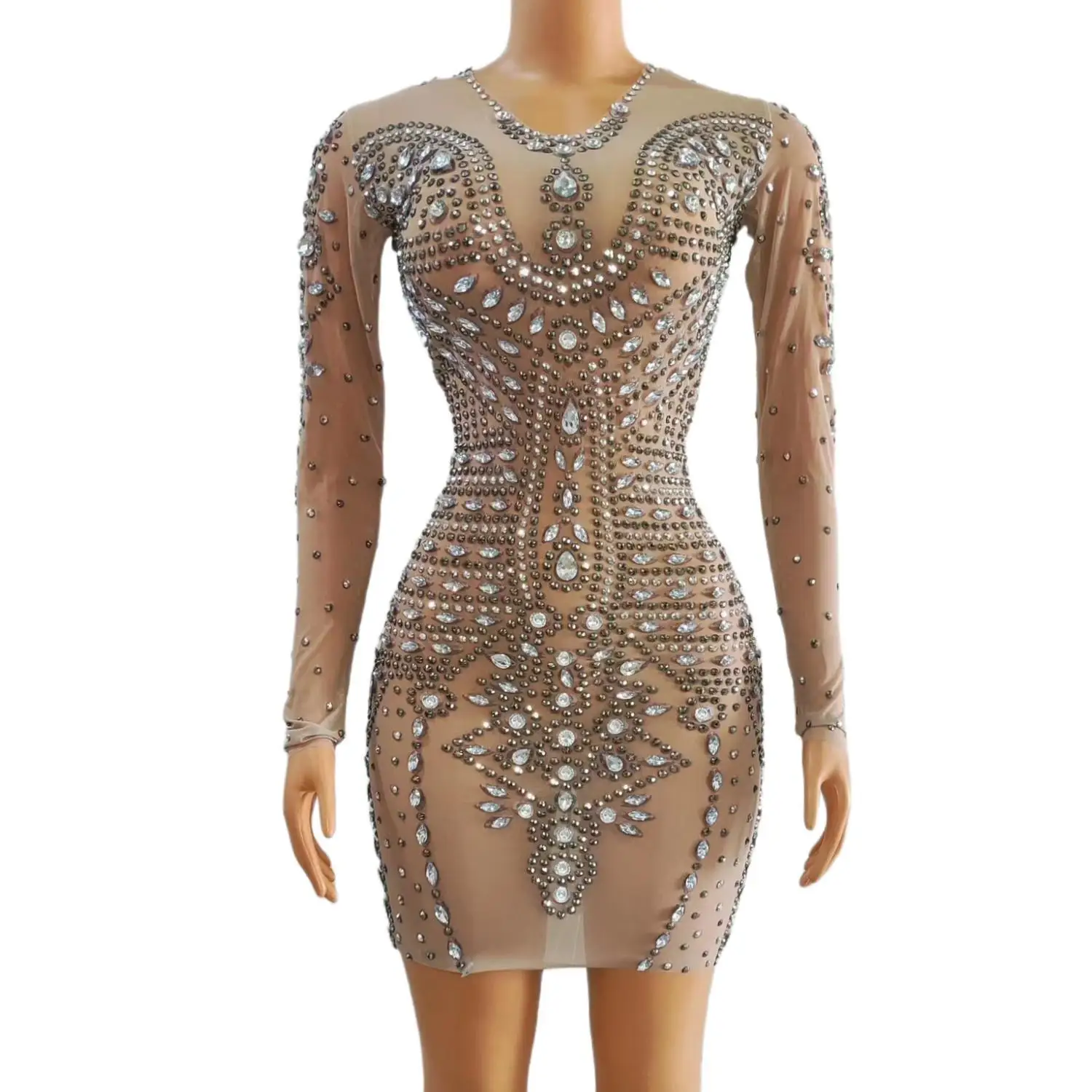 

Shuangdianzuan Womens Luxury Silver Rhinestone Sheer Mesh Mini Dress Long Sleeve Bodycon Party Club Stage Performance Outfit
