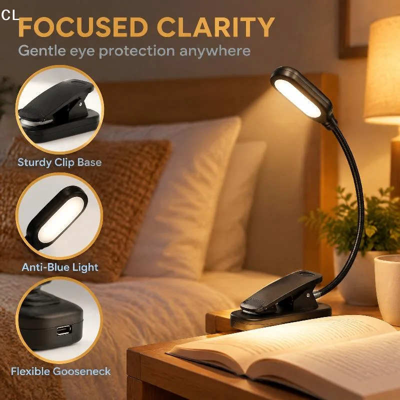 AttireTrove1Pcs Portable Reading Light LED Clip On Book Light Battery Powered Monochrome Eye Protection Mini Desk Lamp