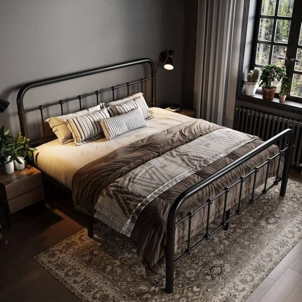 Queen Size Metal Plataforma Bed Frame, estilo vitoriano Cabeceira de ferro forjado, Footboard, sem caixa Primavera necessária, preto