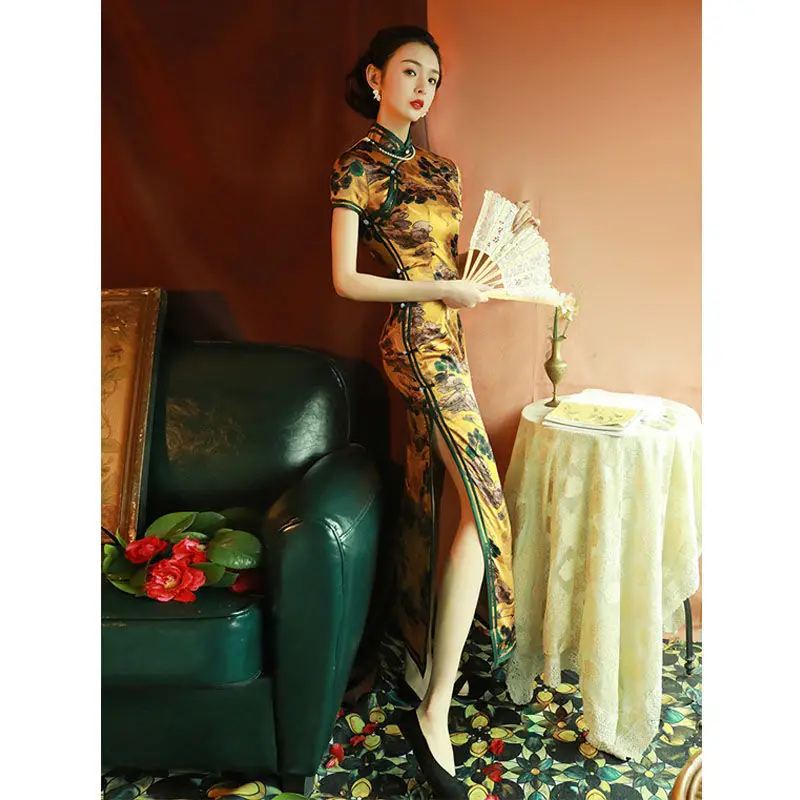 Yourqipao Old Shanghai Chinese Cheongsam Long Qipao Spring Summer New Temperament Improved Women Hanfu Formal Evening Dresses