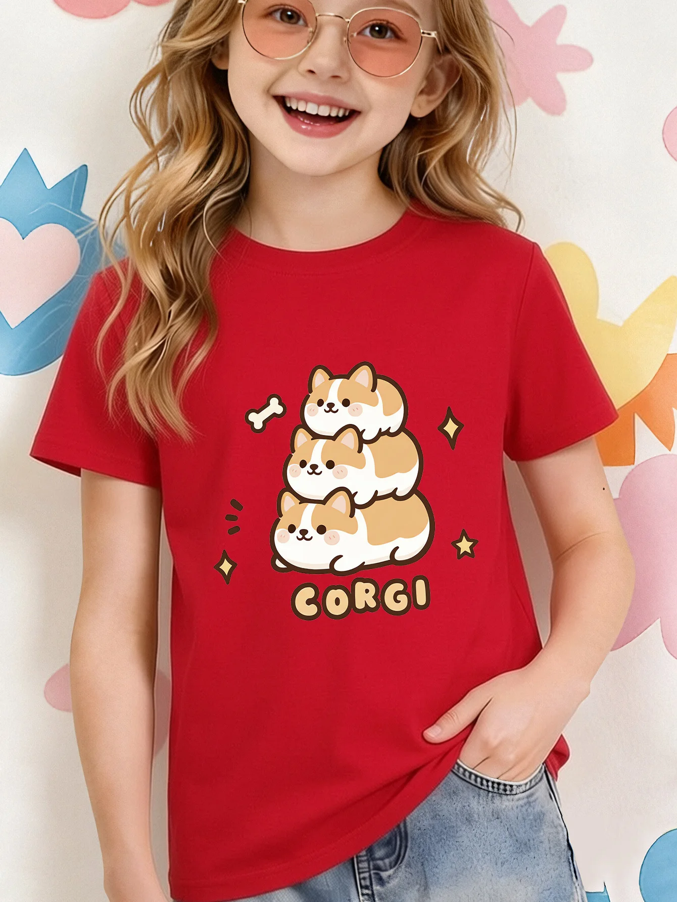 Cute Stacked Corgi Puppies Bone Star Print Kids T Shirt Boys Girls Short Sleeve Crew Neck Cotton Pet Parent Child Matching Tees