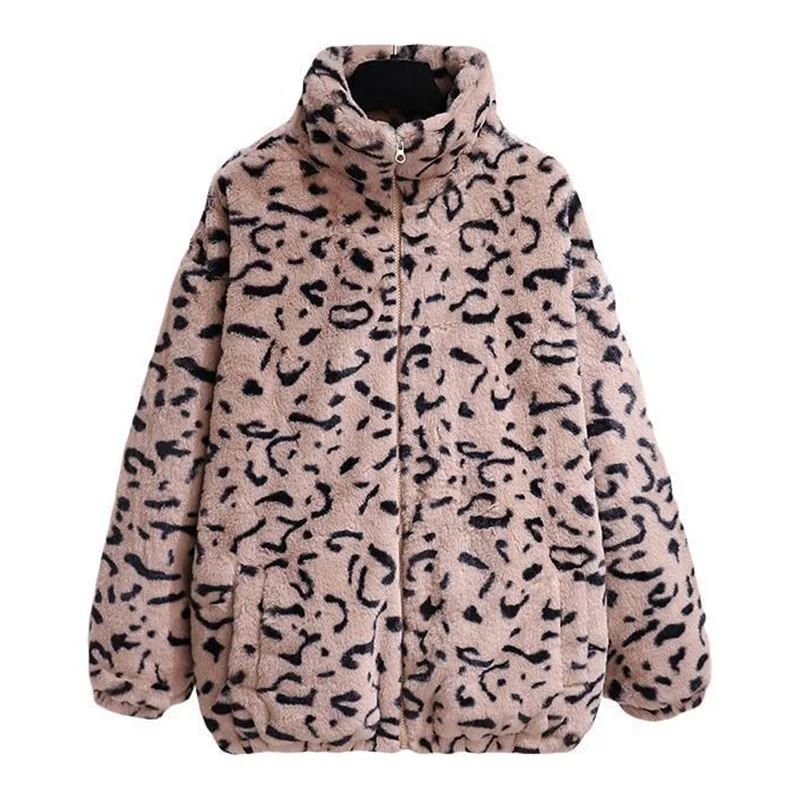 Lmitation Fur Leopard Print Mao Mao Coat Female Korean Version Of Loose College Wind  Autumn And Winter New Lamb Plush Top Tide.