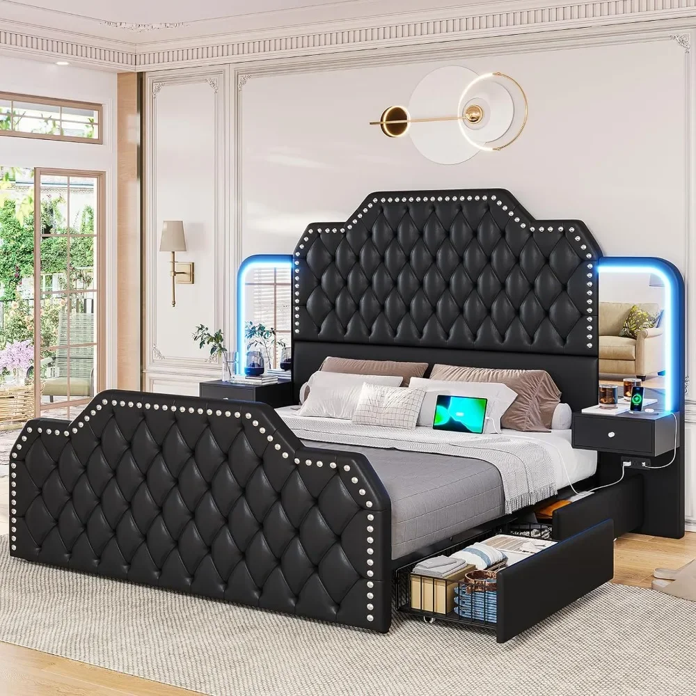 

PU Leather Upholstered Queen Bed Frame With Deep Button Tufted Headboard and Headboards Bedroom Black Platform Bed Frame