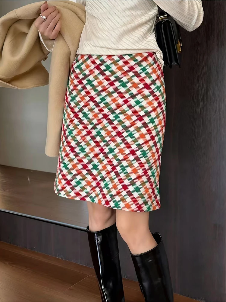 

Ретро-юбки в радужную клетку для женщин, в стиле Y2K, корейские, с высокой талией, милые, в стиле преппи, элегантные, из искусственной шерсти, универсальные, А-силуэт
