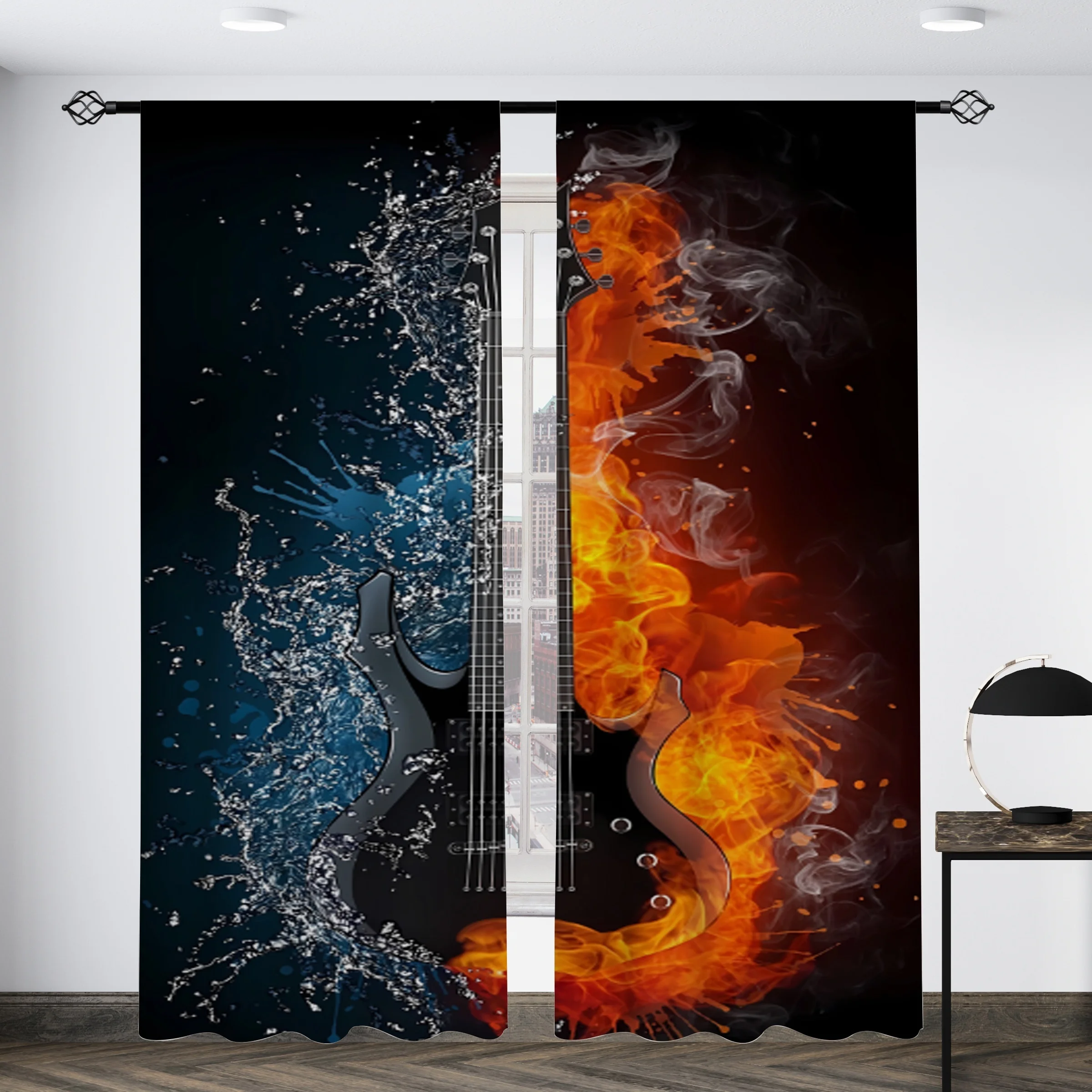 Dramatic Guitar Rock Concert Theme Window Curtain Blue Fire Splash Artistic Music Background Home Decor Tapestry Window Drapes