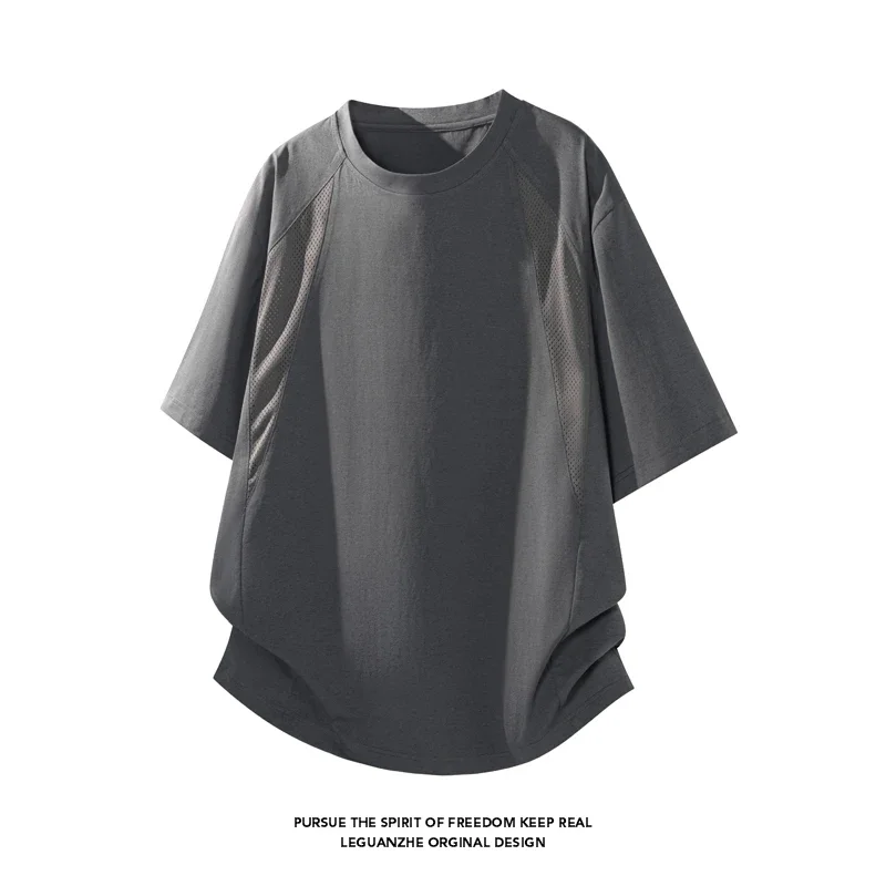 Mens Quick Dry Sports T‑Shirt Raglan Sleeve Mesh Panel Design Loose Curved Hem Tee For Workout Running Daily Casual Outfits