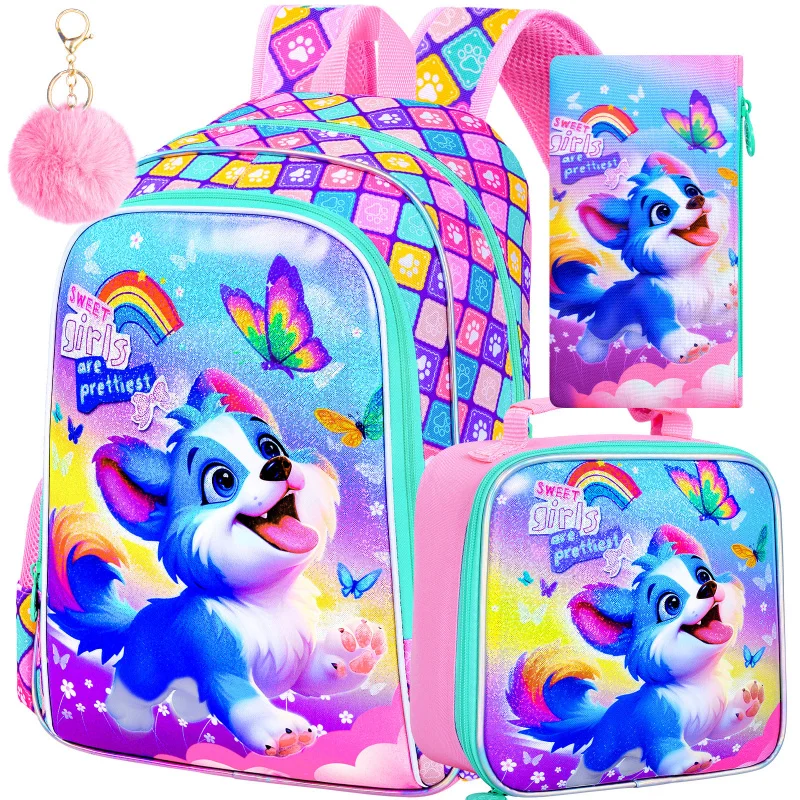 

3PCS Girls Dog Backpack, Water Resistant Kids Bookbag with Lunch Box, 16" Preschool Backpacks for Elementary - Blue Dog