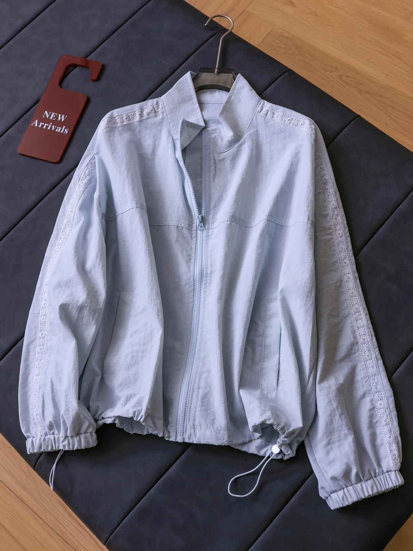 Lace Splicing Hollow out Pure Color Stand Collar Thin Loose Long Sleeve Sun Protection Air Conditioning Outerwear Women's Coat