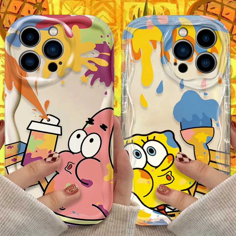 Flüssiges Silikon Stoßfeste Hüllen Funda S-SpongeBobs Wave Case für iPhone 16 E 15 Pro Max 14 13 12 Mini 11 Pro Max XS X 8 7 Plus
