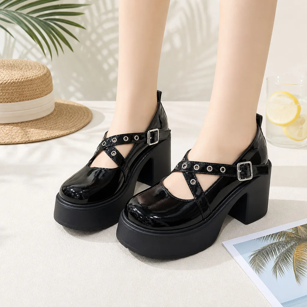 New Women Japanese Style Mary Jane Shoes Vintage Double Buckle Strap Platform High Heels Shoes Cosplay Female Lolita Shoes 42