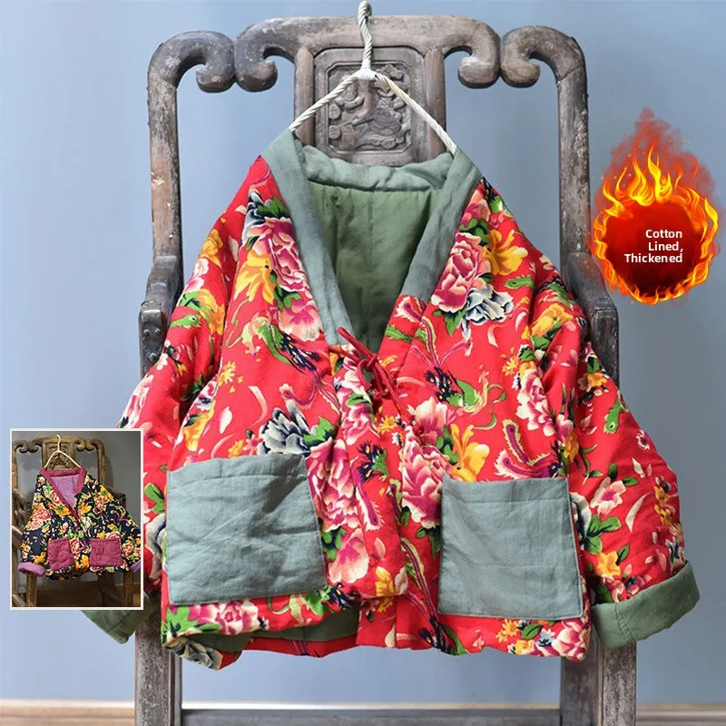 

Retro Large Flower Pattern Cotton Jaet Winter Warm Casual V-Ne Overfilled Coat for Middle-Aged Women Thiened Long Sve