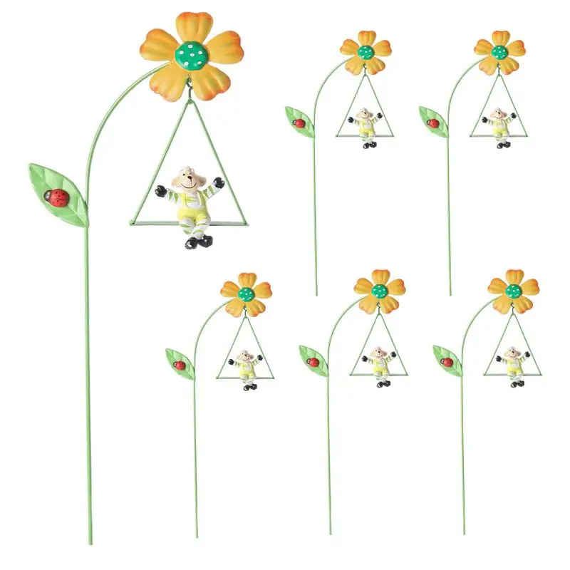 Metal Flower Garden Stakes 6pcs Decorative Metal Plant Stakes 10.6 Inch Ornamental Yard Stakes With Cute Animals On Swings