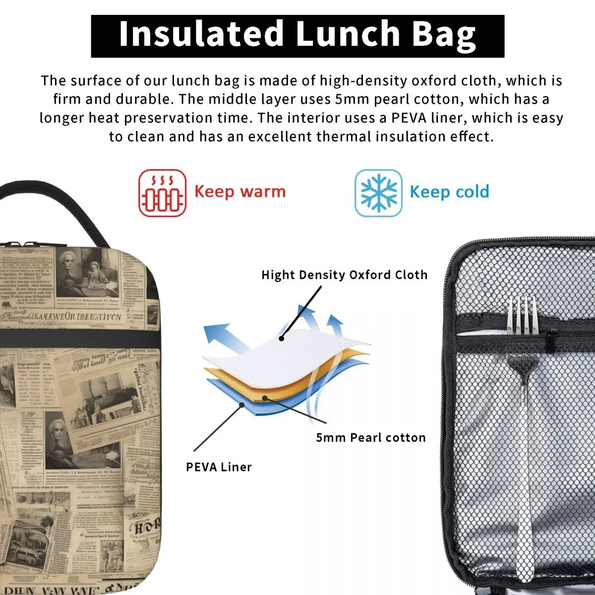Junk Journal Prints Vintage Newsprint Insulated Lunch Bag for Women Kids Portable Food Boxes Thermal Lunch Box Tote