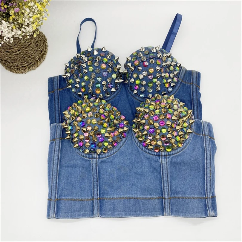 

Original rivet rhinestone slim denim tanks for women camisole sexy backless cropped top female bustier bra summer fashion new