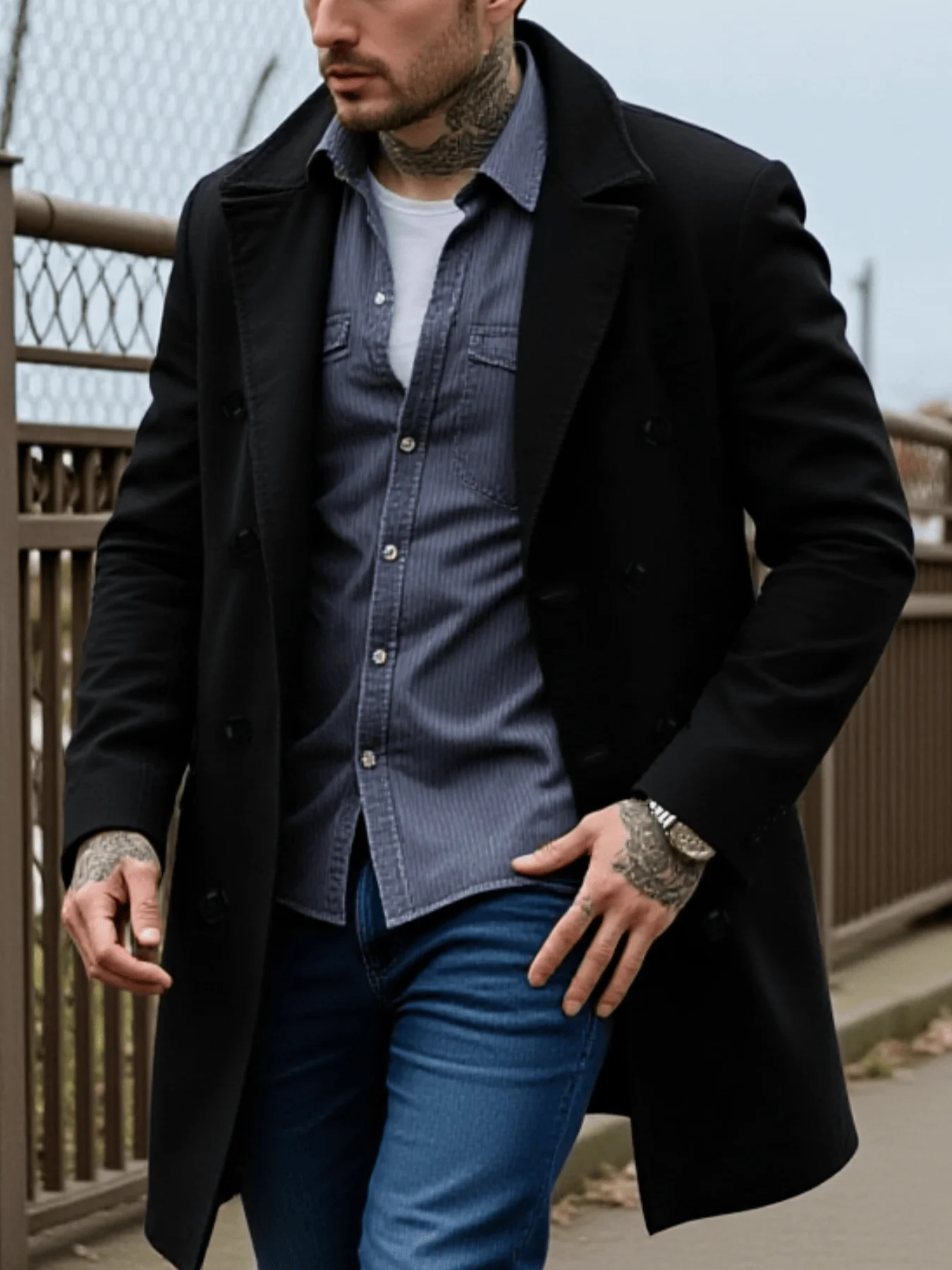 

Men's Streetwear Wool Coat Double-Breasted Retro Design Thickened Tweed with Warm Stand Collar Manswear