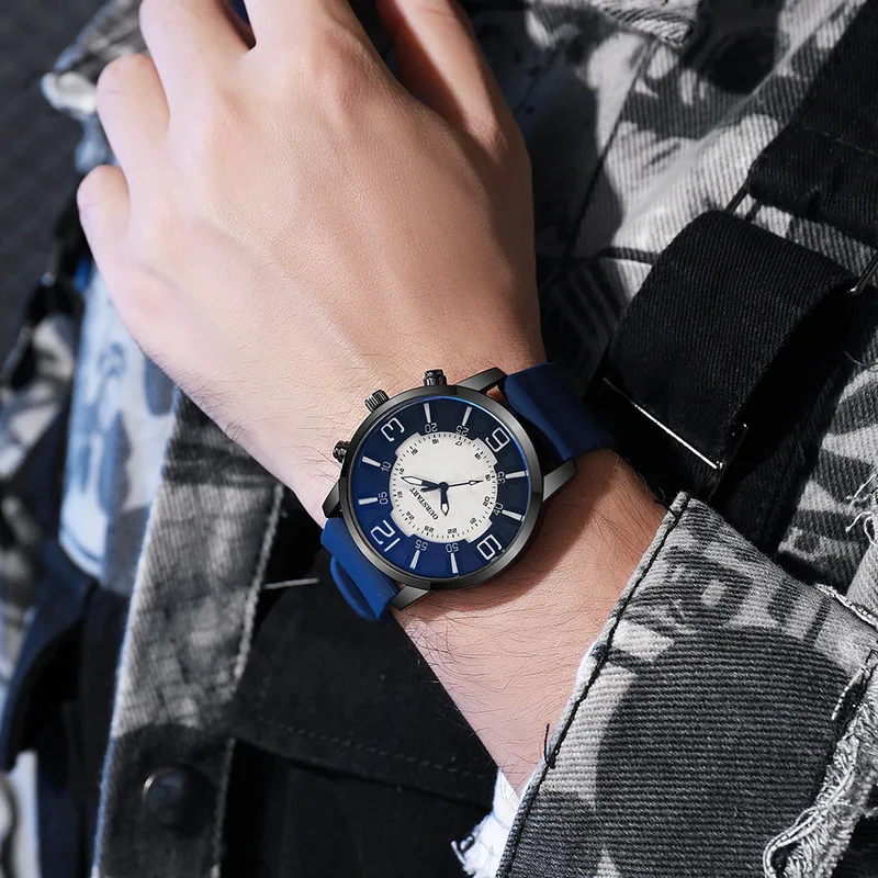 Men's Quartz Wristwatch Large Digital Display Blue Light Glass Silicone Strap High End European American Style Fashion Business