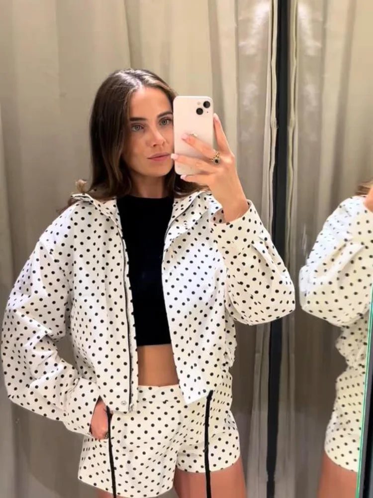 Polka Dot Women's Coat Shorts Set White Standup Collar Long Sleeve Coat Pant Suit Female Streetwear Lady 2025 Autumn Fashion