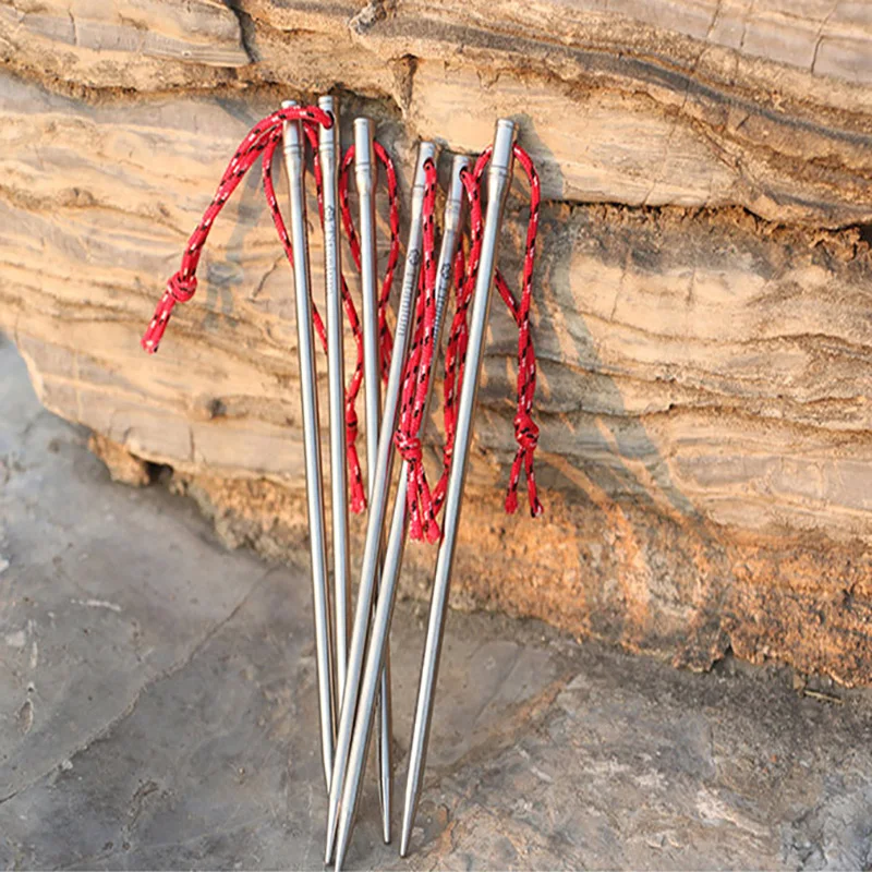 2pcs/set 5*165mm Titanium Alloy Outdoor Camping Tent Pegs Stakes Nail Survival Tool Kit  Perforated With Cord for Portable Use