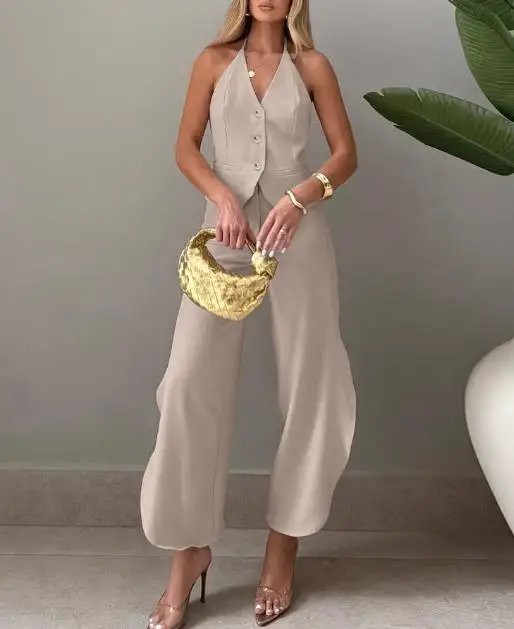 

Two Piece Set Women Outfit 2026 Spring New Sleeveless Hanging Neck Backless Single-Breasted Vest Top & High Waist Long Pants Set