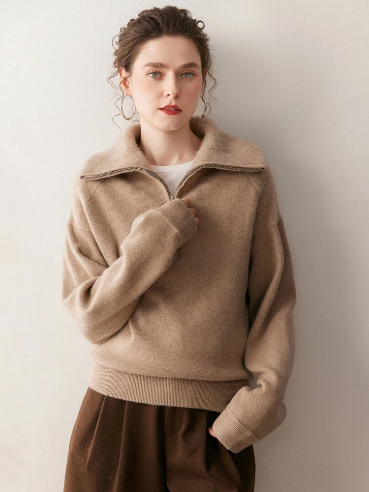 TLOML 가을 겨울 여성용 100% 캐시미어 스웨터 두꺼운 하프 지퍼 터틀넥 풀오버 캐주얼 루즈 캐시미어 니트웨어 편안한 탑