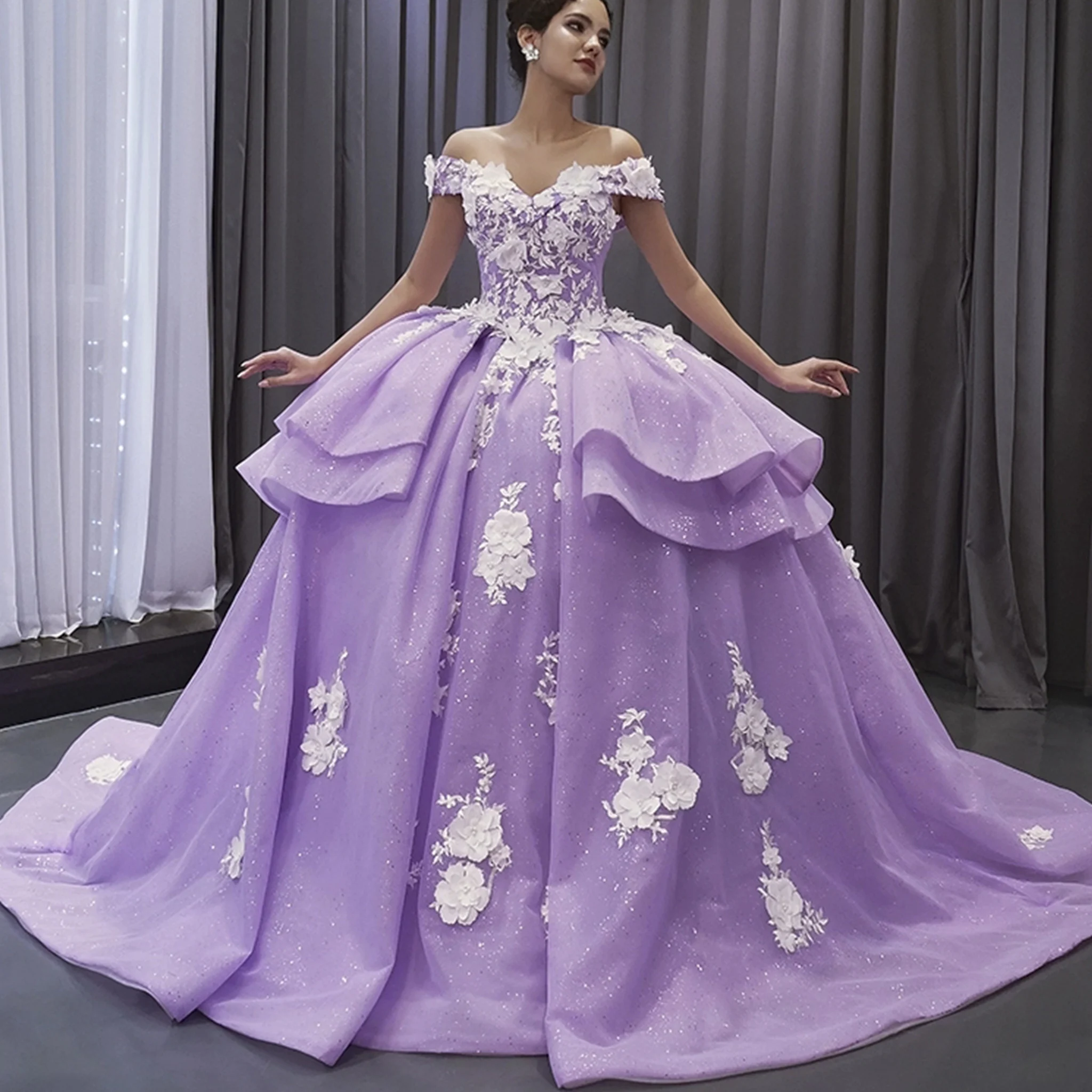 

Rosymae Off-Shoulder Glitter Ballgown Purple Quinceanera Dress with Ruffle Details Corset Back 3D Flowers Beaded Pearls Elegant