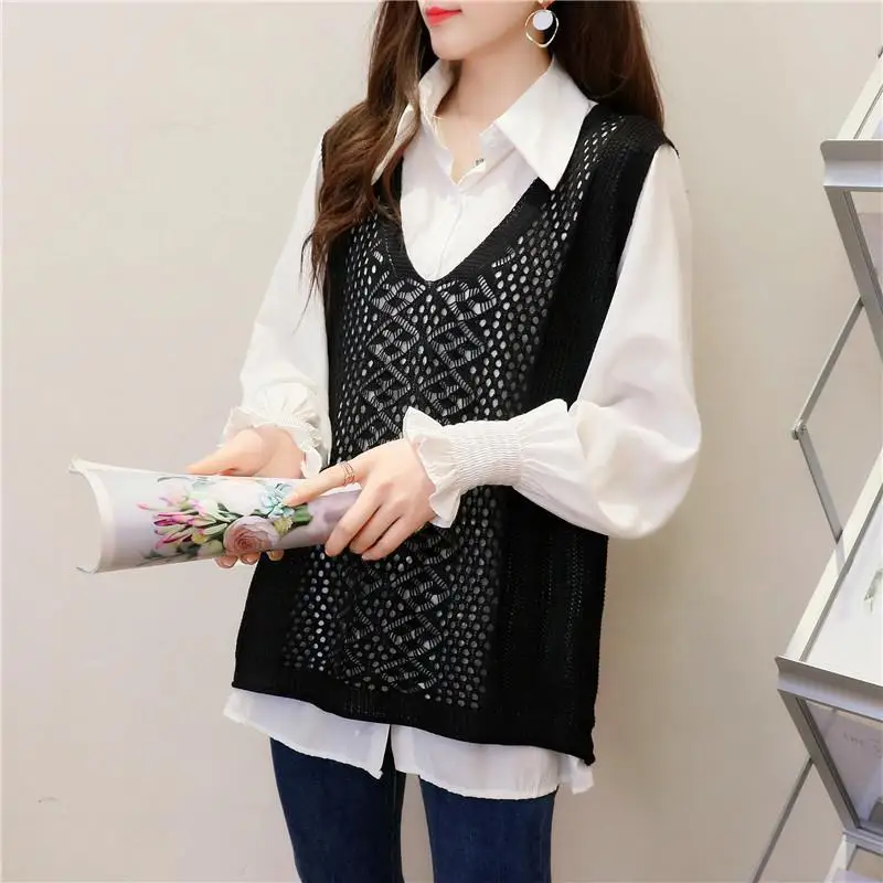 Fashion V-Neck Solid Color Hollow Out Vest Sweaters Women\'s Clothing 2024 Spring New Loose Knitted Korean Pullovers Casual Tops