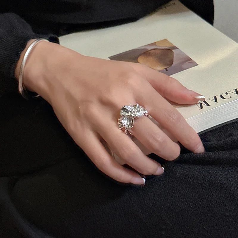 S925 Sterling Silver Korean Version Niche Design Korean Irregular Pleated Texture Ring Korean Blogger Fashion Ring