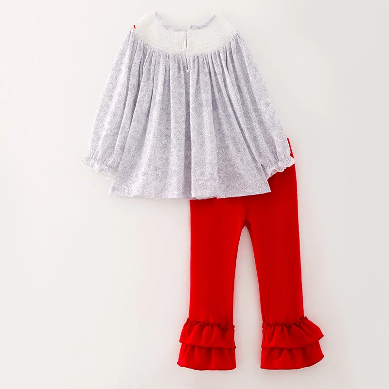 Girlymax Girls Christmas Santa Embroidery Smocked Outfit Set Boutique Kids Clothing Long Sleeve