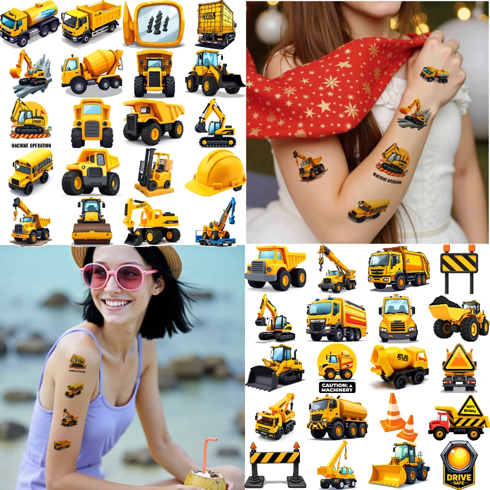 

63pcs Temporary Tattoo Construction Signs Temporary Tattoo Stickers Traffic Cones Construction Trucks Cartoon For Women Arms