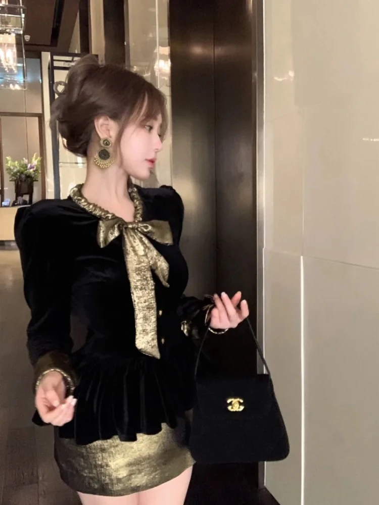 Camisa de terciopelo con pajarita para mujer, Tops Vintage con manga abombada y cintura ajustada, Blusa elegante de fiesta a la moda para primavera 2025