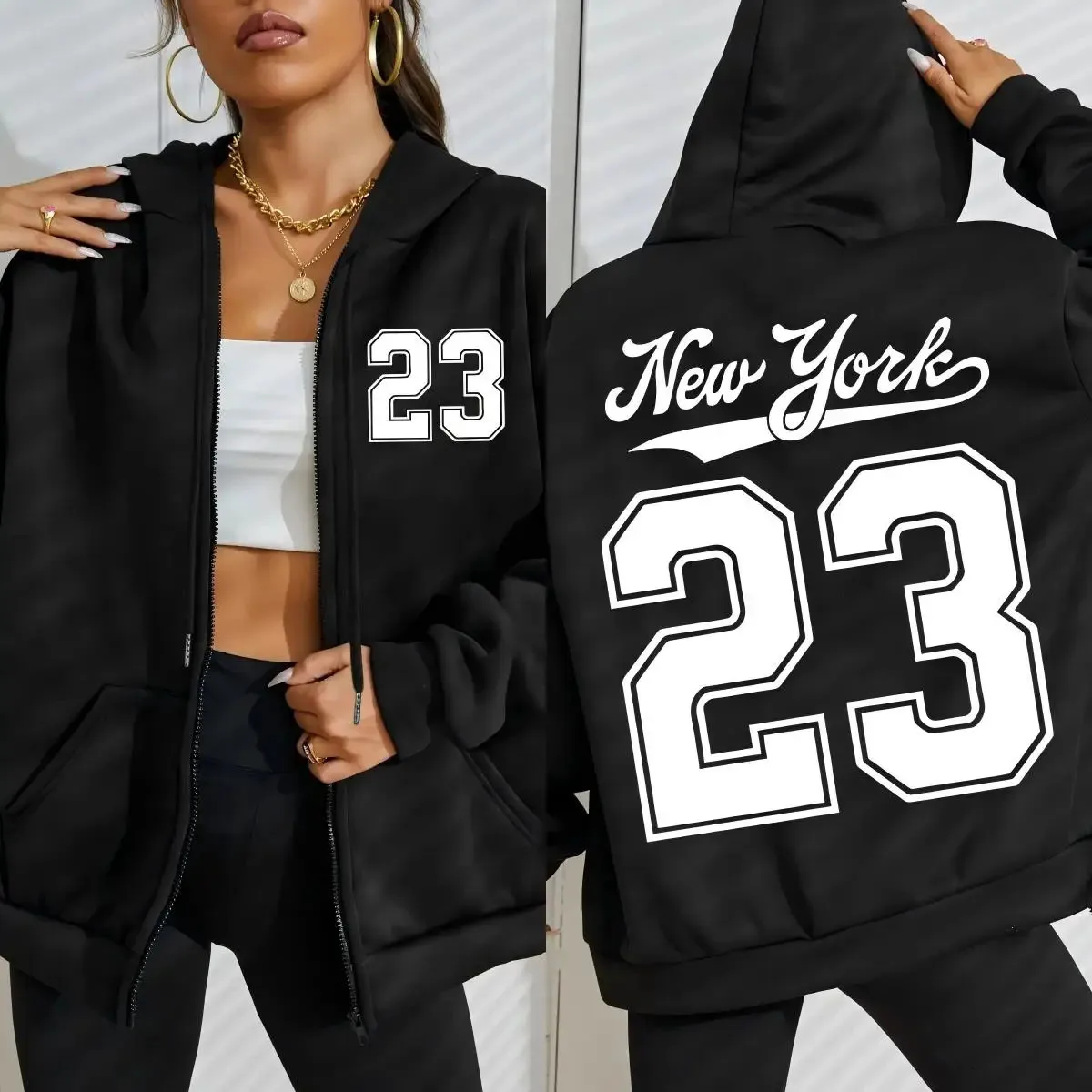 Damen New York 23 Zip-Up Hoodie, lässiger Kapuzenpullover mit langen Ärmeln für Damen und Herren, Y2K Streetwear Jacke, Damen Herbst Winter