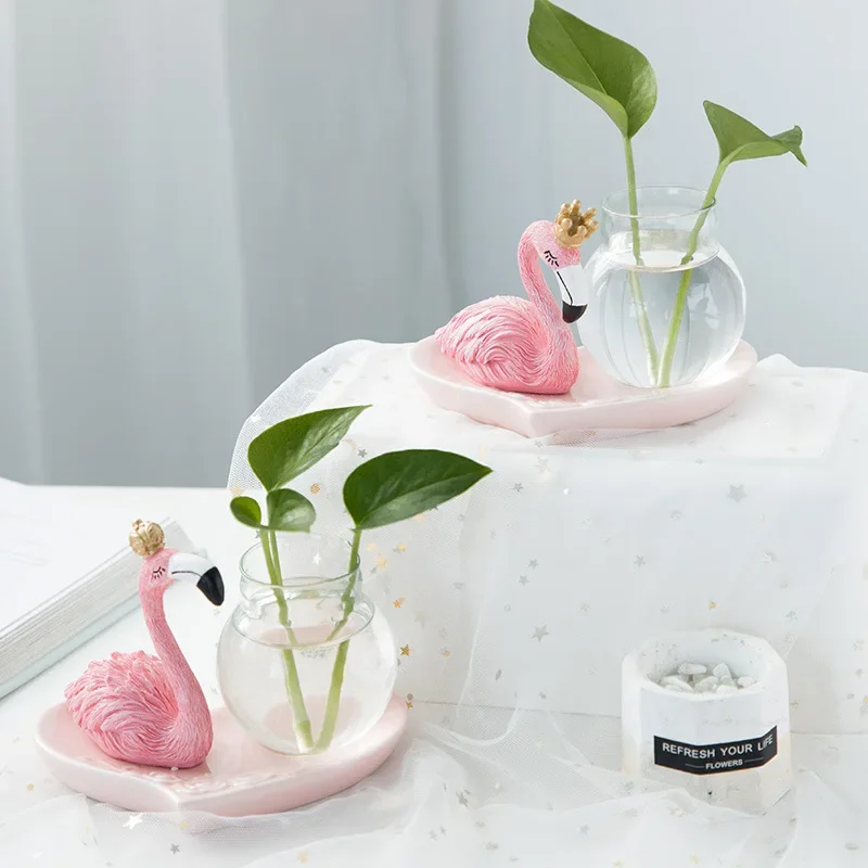 Ins Style Creative Flamingo Glass Flower Container Cake Shop Yogurt Jewelry Flamingo Vase Ornaments Plant Pot  Office Decor