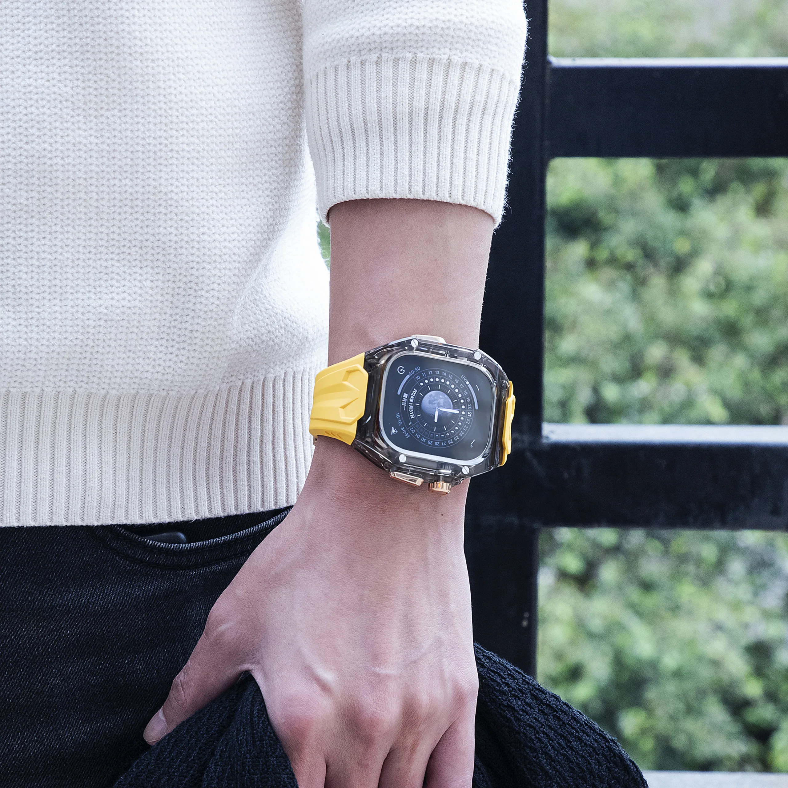 طقم تعديل حافظة واقية شفافة + حزام من البولي يوريثان لساعة أبل الترا 9 الفرقة لساعة iWatch Series9 8 7 6 5 4 SE 45 44 مللي متر 49 مللي متر