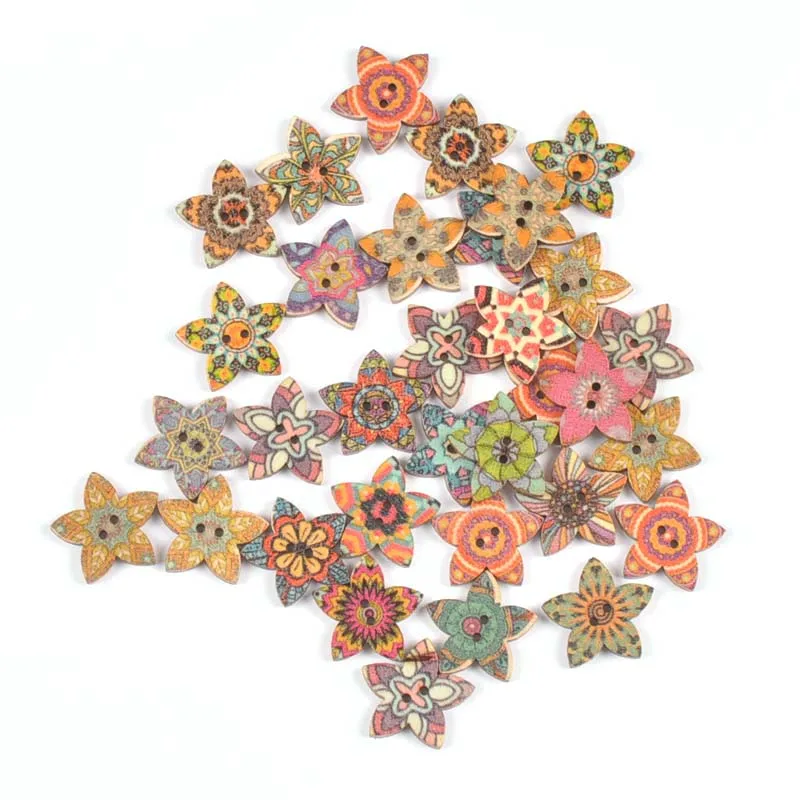 50pcs 20/25mm Mixed Flower Shape Wooden Buttons For DIY Colthes Sewing Accessories Garment Decoration Scrapbooking Crafts m2269