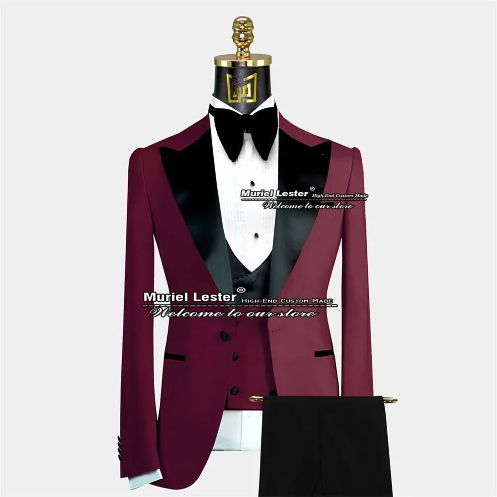 Customized Green Men Suits Formal Jacket+Vest+Pants 3 Pieces Smoking Business Black Shawl Lapel Blazer Costume Homme Mariage