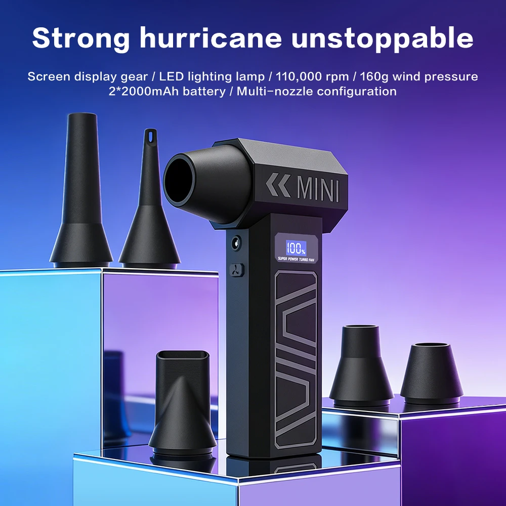 

Мини-воздуходувка с бесщеточным двигателем 110000 об/мин, мощный пылеудалитель, индикатор заряда батареи, LED-подсветка, портативный перезаряжаемый турбовентилятор