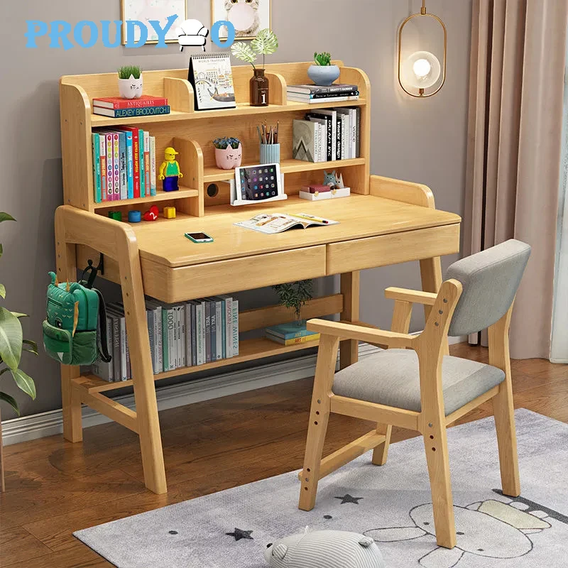 Kids Study Desk and Chair Set Wooden Writing Computer Office Table for School Students Adjustable Table Chair Storage Cabinets