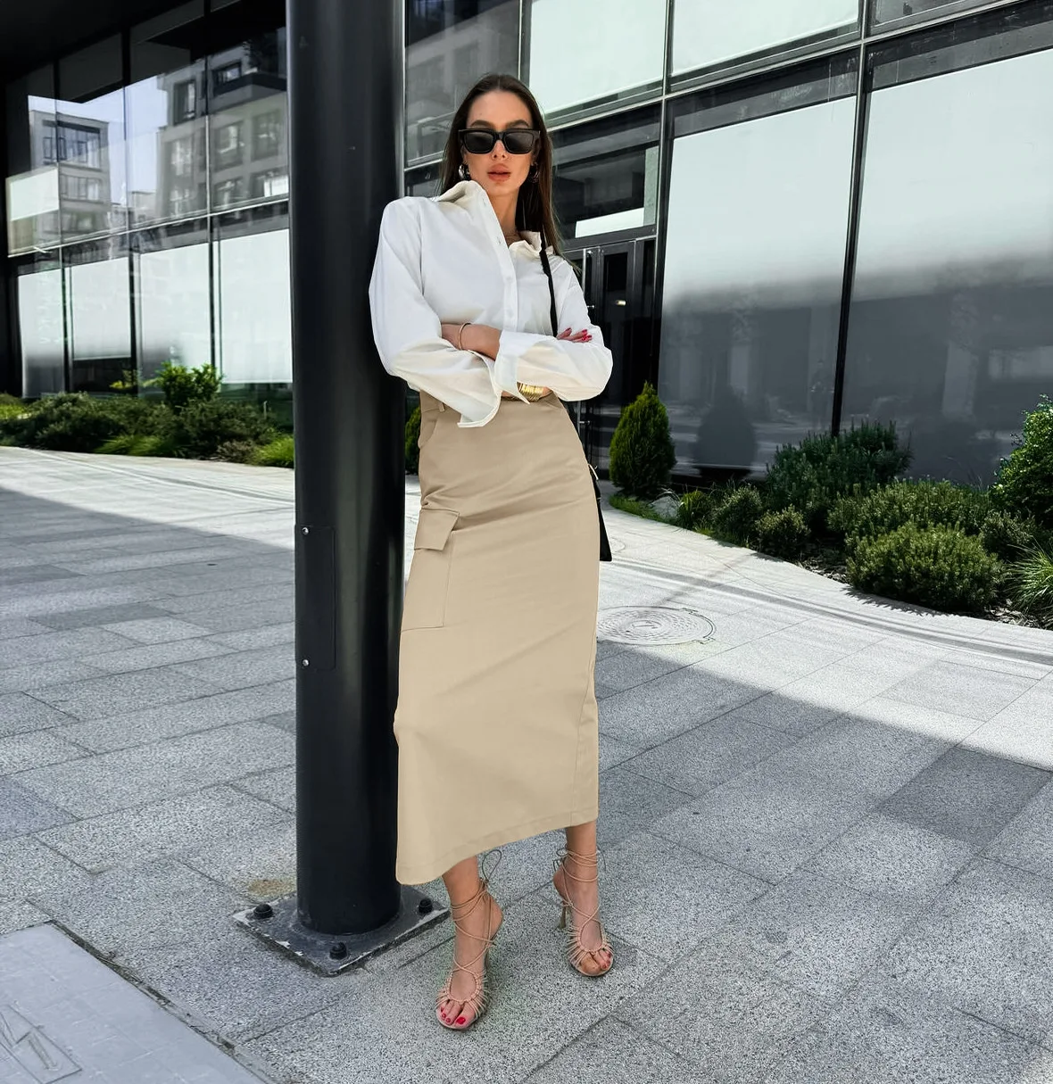 Khaki Elegant Cargo Skirts Autumn 2024 Pleated Women's High Waist Straight Skirts Winter Office Ladies Long Skirts