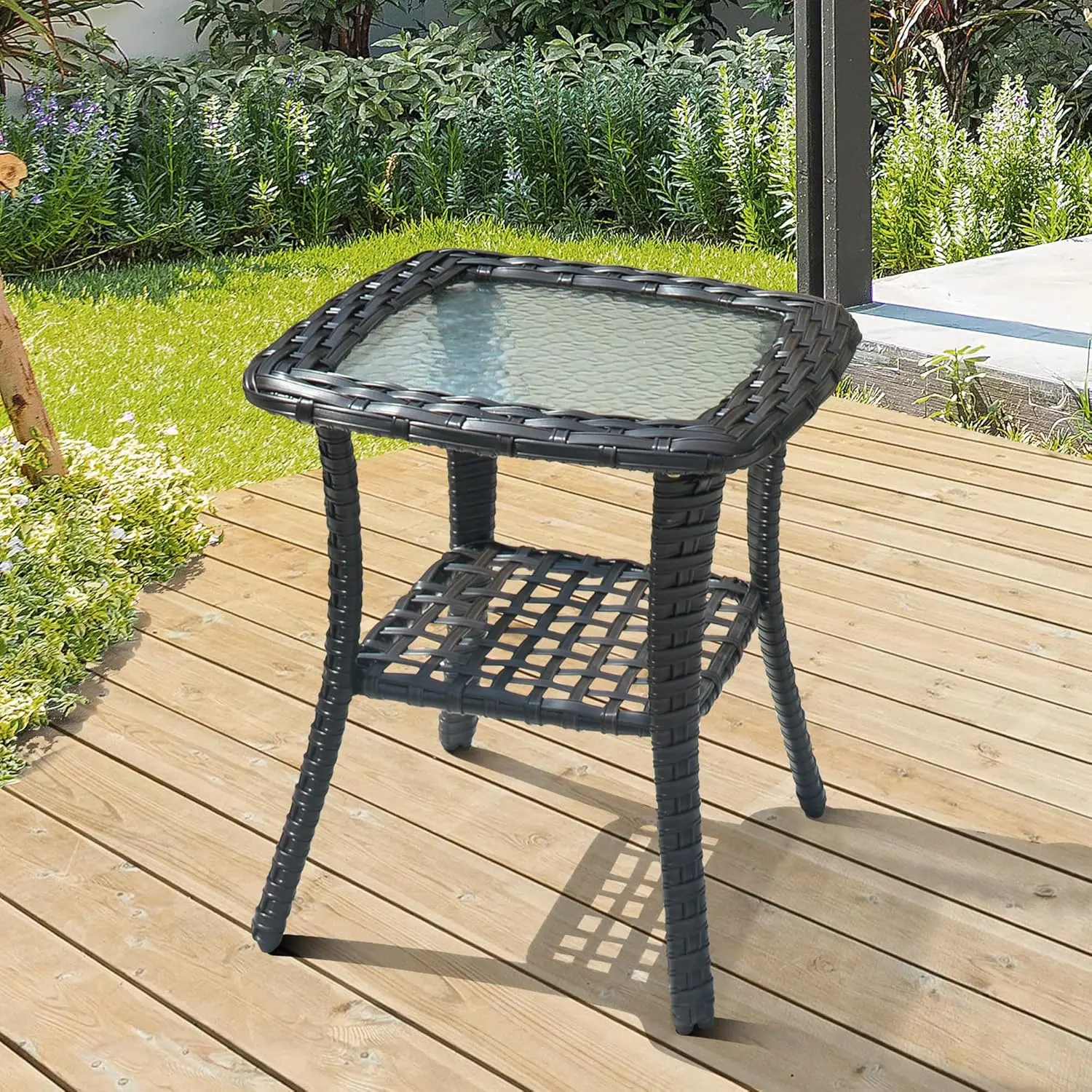 Ovios Outdoor Side Table With Tempered Glass Top, Patio Wicker Rattan Coffee Table With 2 Tiers Storage, Bistro End Table For